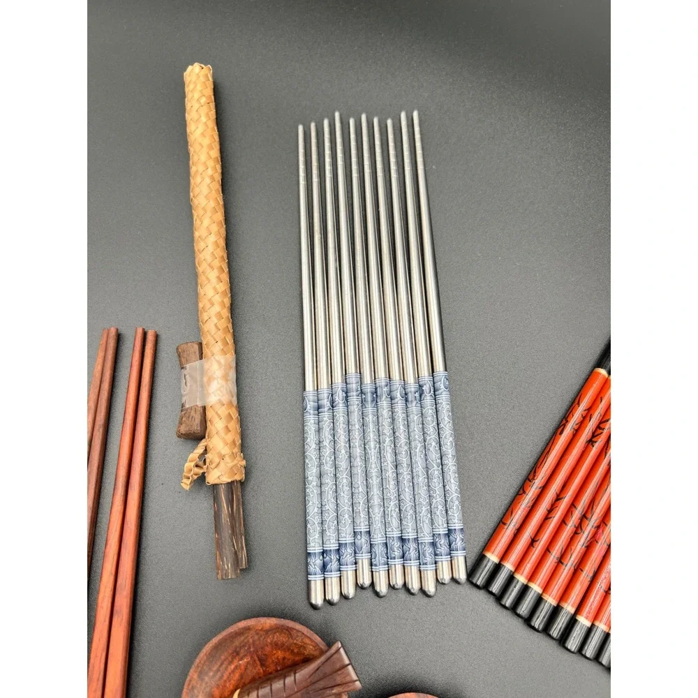 Chopstick Set Bamboo Wood Stainless Steel 20 Pairs Fish Rests Silk Sleeves